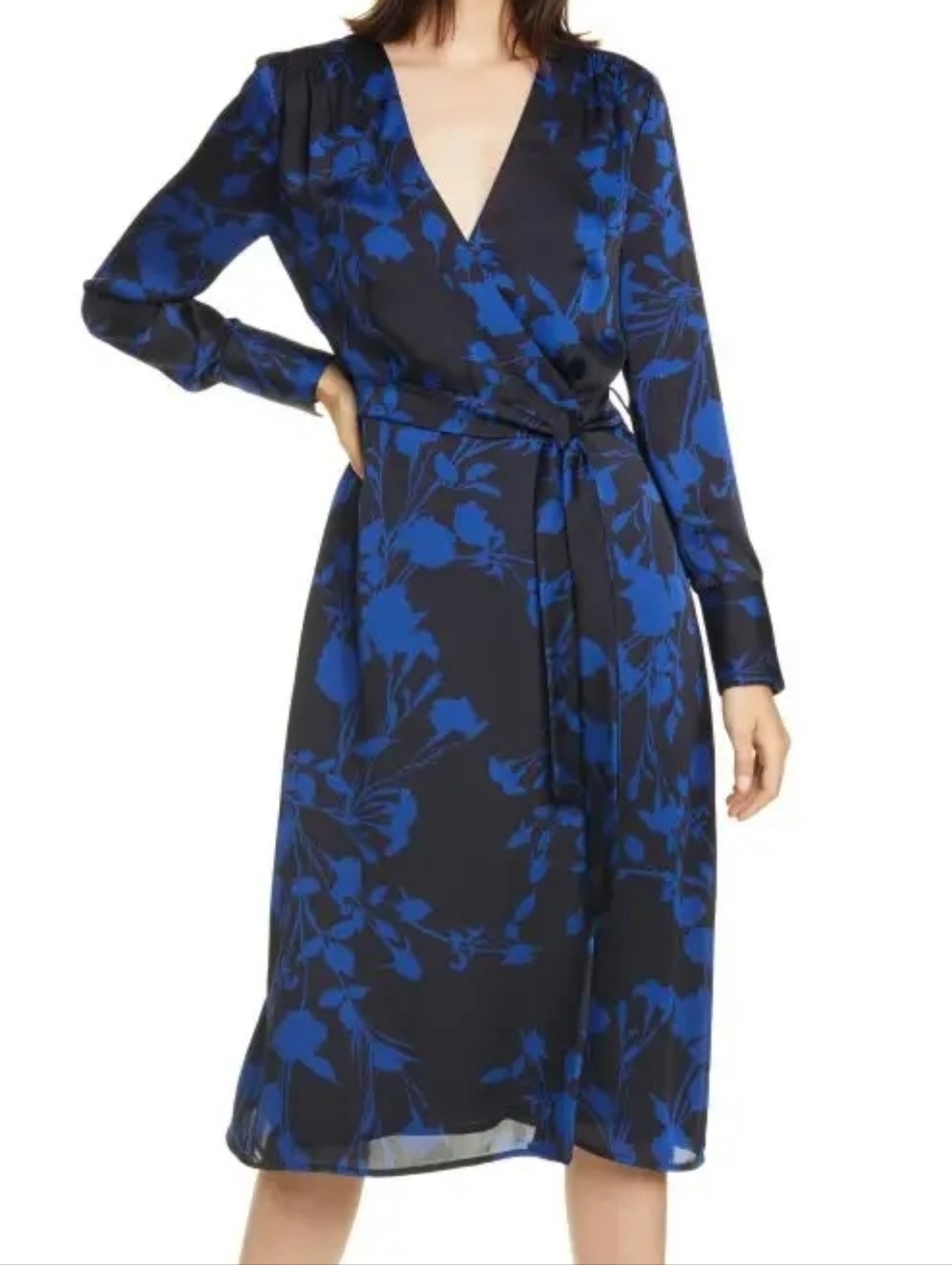Equipment Women's Blue V-Neck Cherylene Floral Midi Tie-Waist Wrap Dress Size 4.
